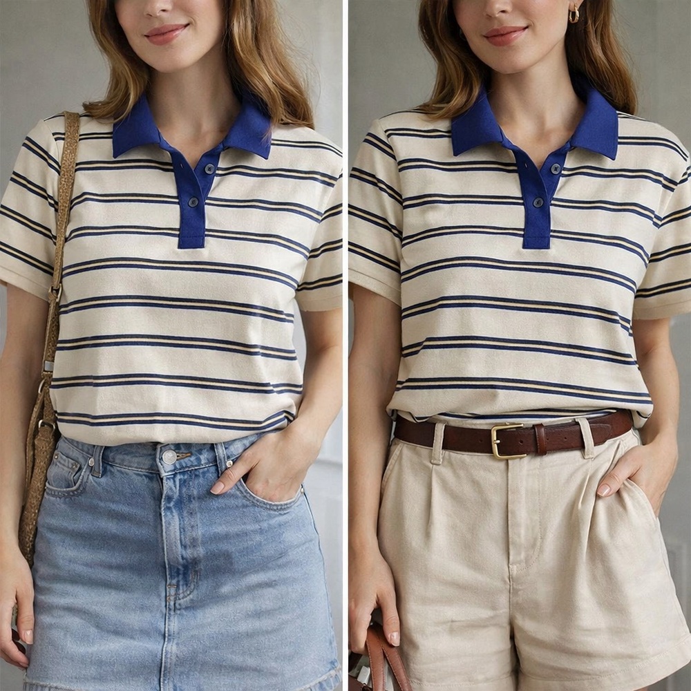 BDG Striped Polo Button-Down Shirt in Cream and Blue